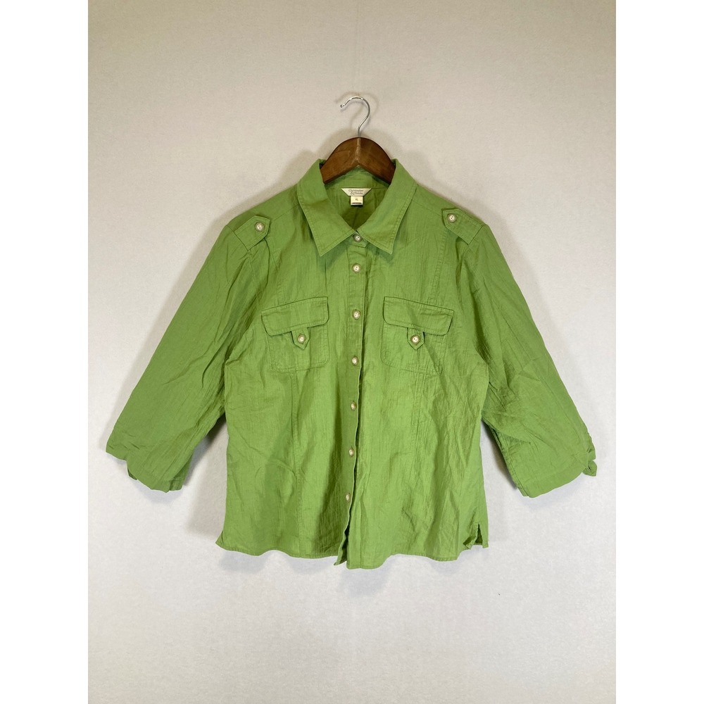 Safari Core Christopher & Banks Womens XL Green Linen Cotton Utility Button Up